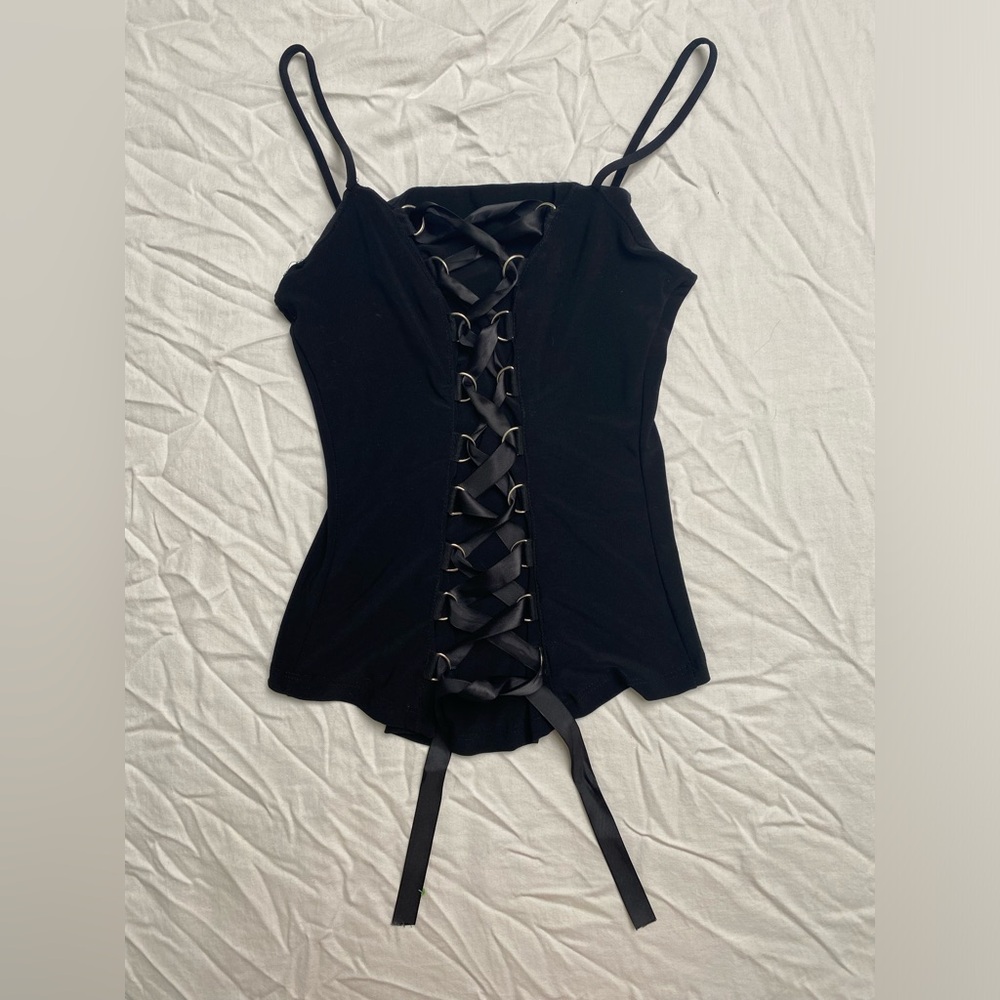 Rave medium Black Vintage Made in USA Strappy Front Top - Picture 4 of 11